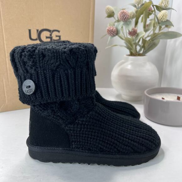 UGG Classic Cardi Cable Knit Boots Foldable Side Zip Black Kids 12 NWB - Picture 5 of 16